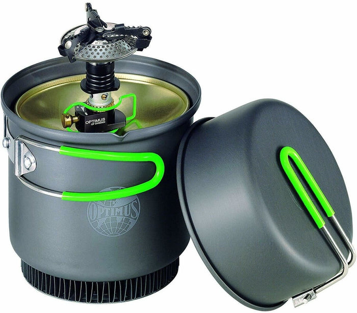 Réchaud à gaz de camping compact Optimus Crux Weekender HE avec brûleur pliable et batterie de cuisine légère pour une cuisine extérieure efficace.