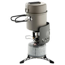 Optimus Elektra FE camping stove with windshield, pan, and fuel-efficient burner for outdoor cooking and backpacking.