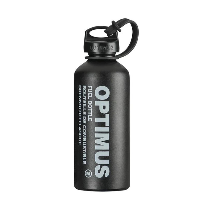 Bouteille de carburant liquide Optimus noire avec bouchon de sécurité, conception légère et durable pour une utilisation en extérieur et un stockage de carburant sûr.