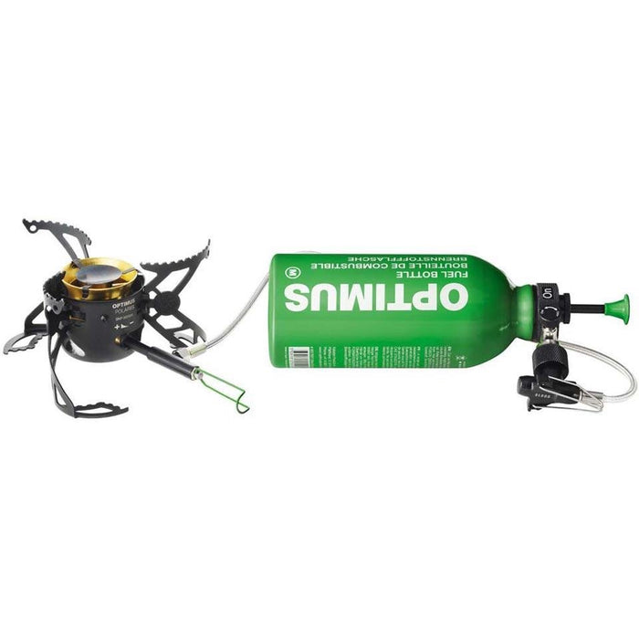 Réchaud de camping pliable Optimus Polaris avec bouteille de carburant vert de 0,4 L pour la randonnée et la cuisine en plein air.