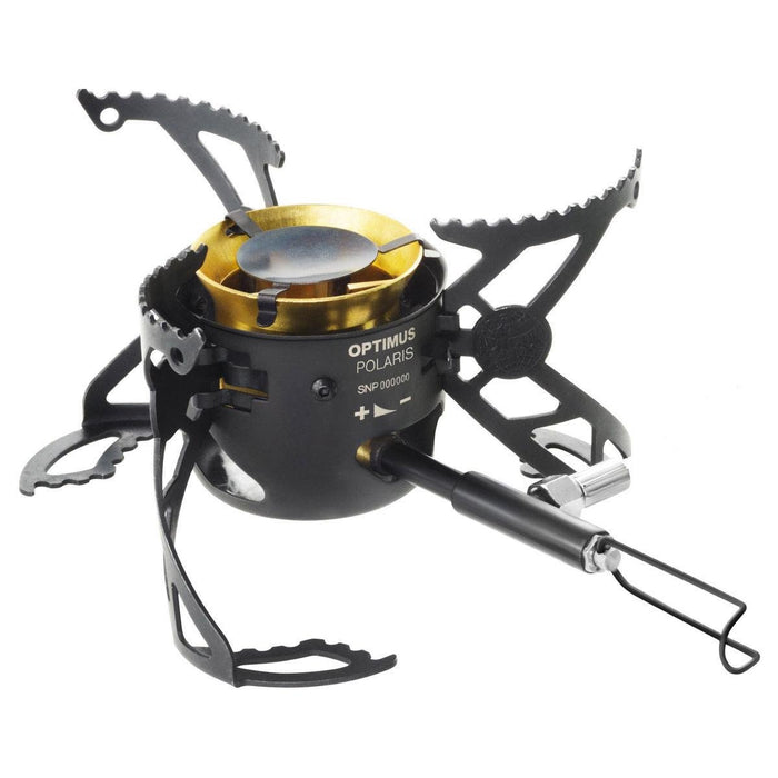 Réchaud de camping noir Optimus Polaris avec pieds pliables, buse unique et contrôle de carburant réglable pour la cuisine en plein air.