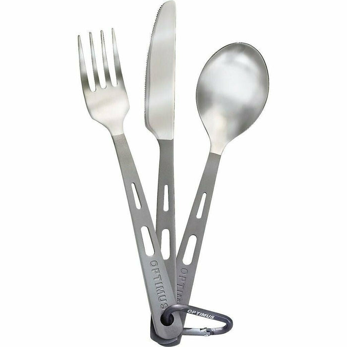 Ensemble fourchette, couteau et cuillère légers en titane avec poignées mates et mousqueton pour le camping et la randonnée.