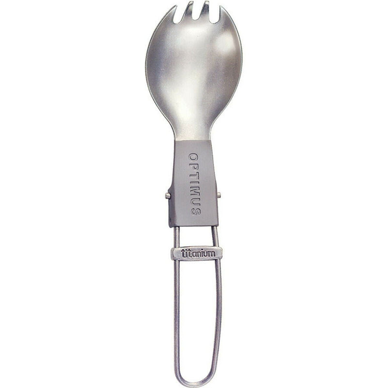 Folded titanium spork combining fork and spoon, lightweight and durable for hiking and camping use.