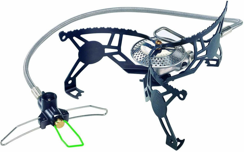 Lightweight portable Optimus Vega folding camp stove with LPG canister connection for hiking and camping outdoors.