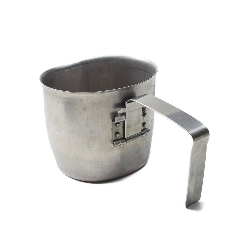 Vintage Austrian military stainless steel canteen cup with folding handle, durable and perfect for outdoor use.