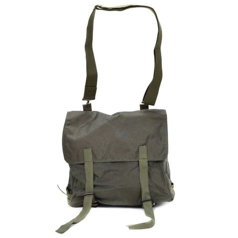 Original Austrian Army combat day pack in olive green with buckle closure and adjustable carrying strap