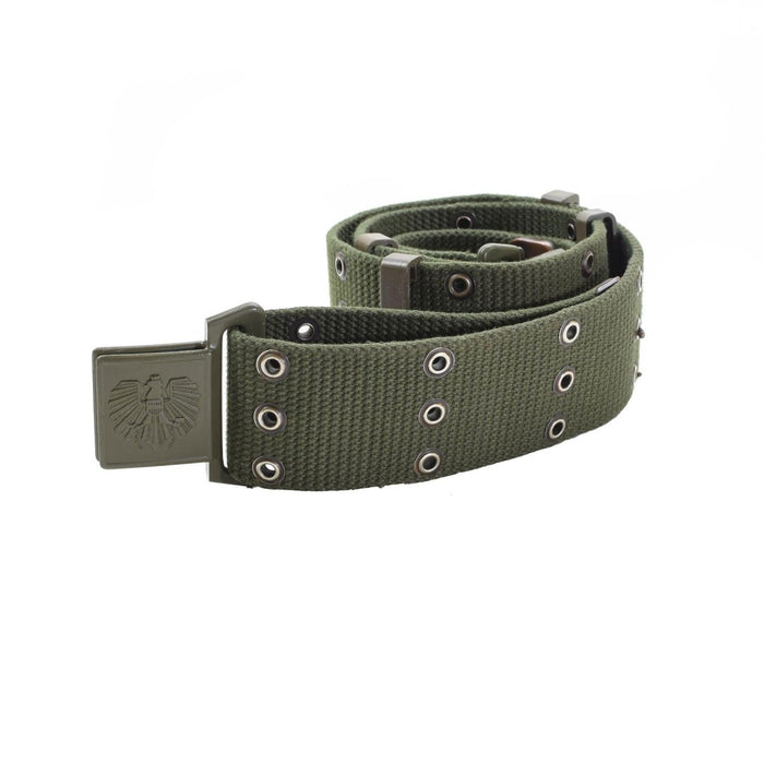 Ceinture de combat militaire autrichienne originale en toile olive terne avec attache en sangle Alice et boucle en métal.
