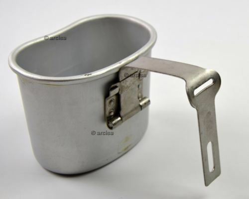 Original Belgian army aluminum canteen cup with foldable handle for outdoor and military use.