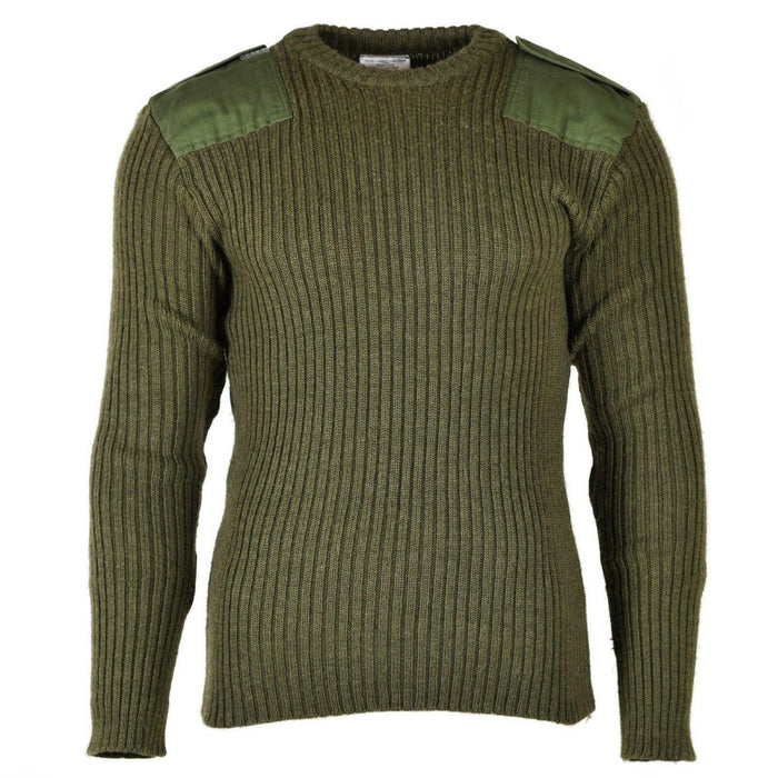 Pull commando original en laine olive verte de l'armée belge avec épaules renforcées, tricot côtelé et conception durable.