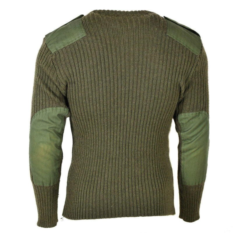 Back view of original Belgian army green olive wool commando jumper with reinforced elbows and shoulders