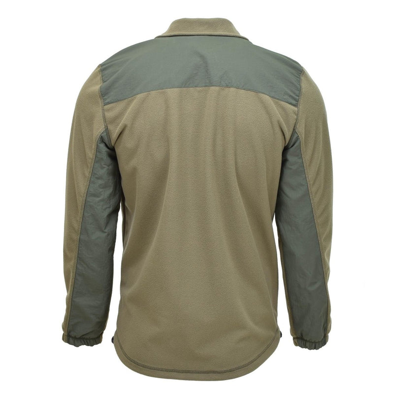 Back view of olive green Original Belgian military Windstopper fleece hiking jacket with reinforced shoulder and sleeve panels.