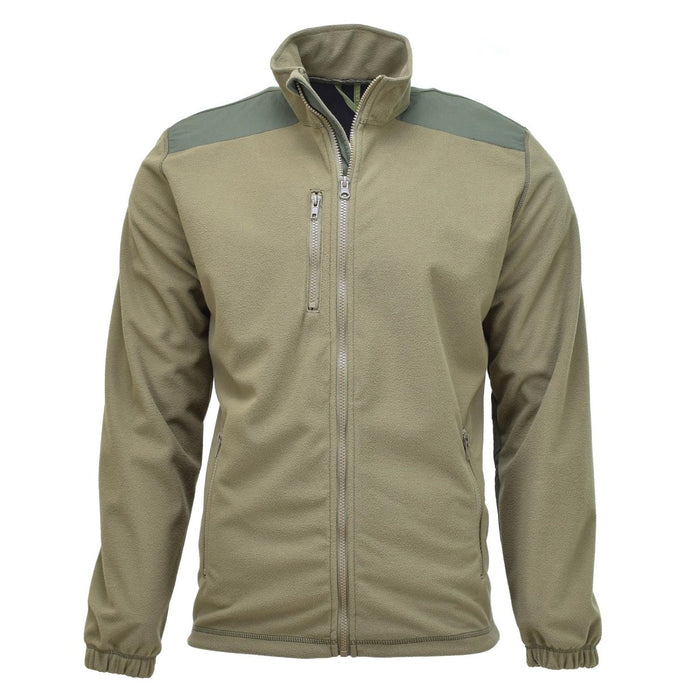 Veste polaire militaire belge vert olive avec fermeture éclair complète, poche poitrine et panneaux softshell coupe-vent sur les épaules.