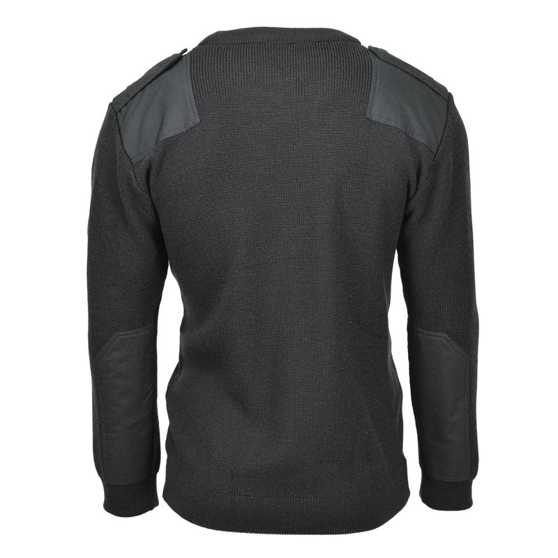 Back view of original dark green Belgian military wool sweater with shoulder and elbow reinforcements