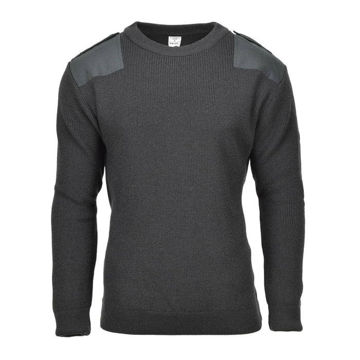 Pull en laine militaire belge original vert foncé avec des patchs d'épaule renforcés et un design à col rond