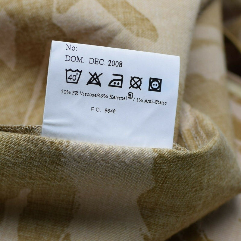 Close-up of a care label on a British army desert camo flame-resistant military jacket from December 2008