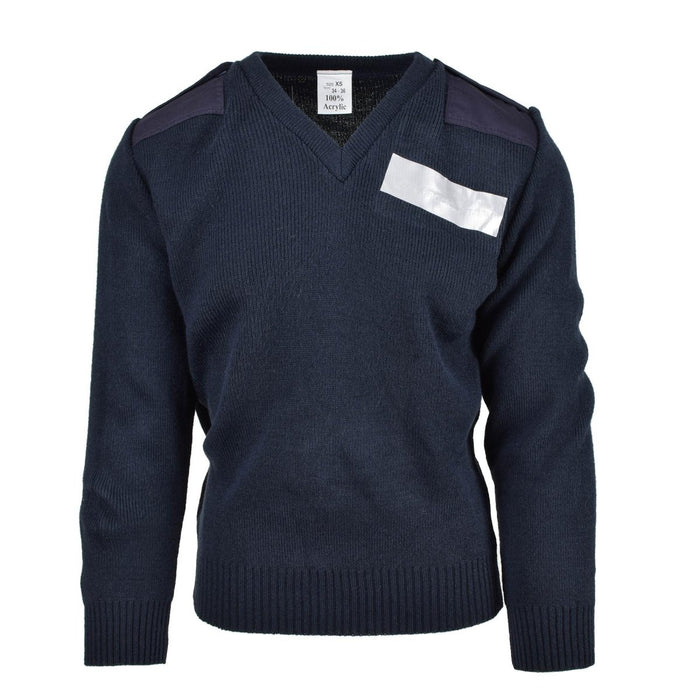Pull original à col en V bleu marine britannique ex-police avec épaulettes et poche poitrine, résistant et chaud.