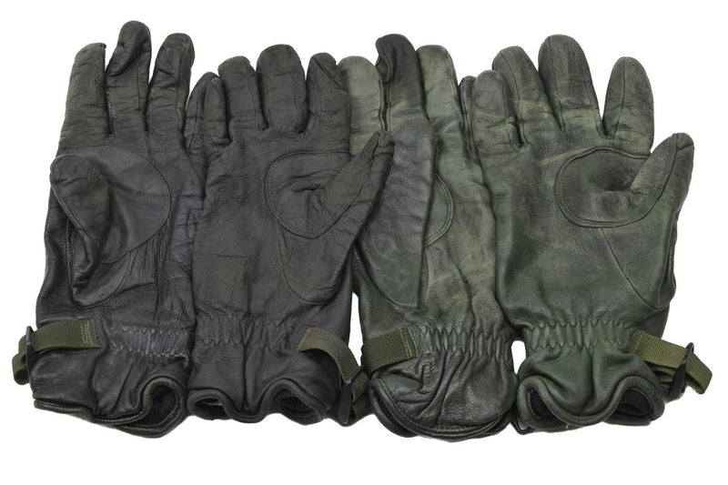 Pair of genuine British Army MK II leather combat gloves in black and dark green with wrist straps and lining.
