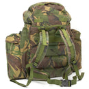 Original British Military 90L tactical backpack in woodland camo with padded straps and removable side pockets for outdoor use