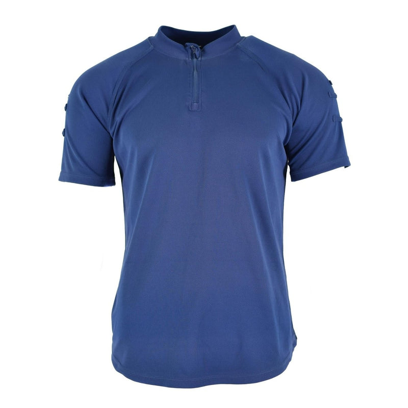 Original British police t-shirt in blue breathable fabric with front zip guard, short sleeves, and high collar.
