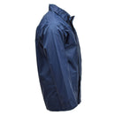 Side view of original British RAF blue waterproof foul weather parka raincoat with lined interior