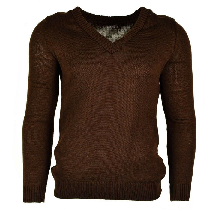 Pull original de l'armée bulgare, pull marron à col en V avec poignets et ourlet côtelés, tricot durable et chaud de style militaire.