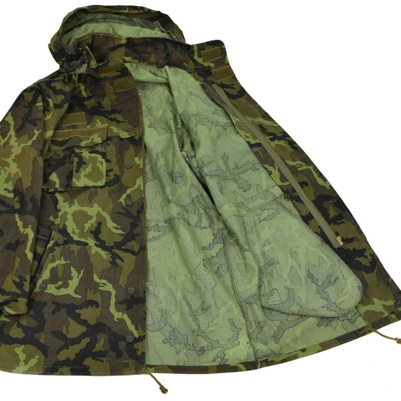 Original Czech army CZ 95 camo field jacket parka with hood, multiple pockets, adjustable fit, and reinforced elbows.
