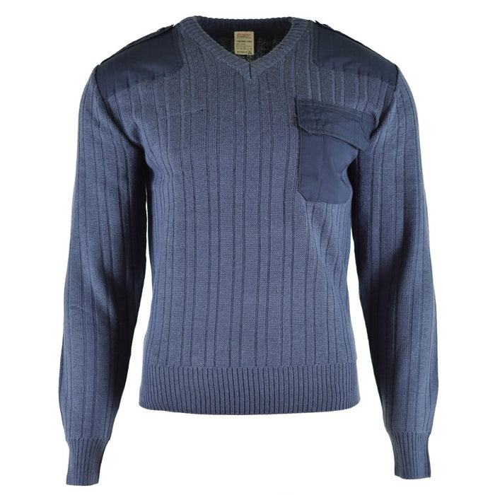Pull original à col en V en laine bleu armée tchèque avec poche poitrine et épaules renforcées, nouveau design de surplus militaire