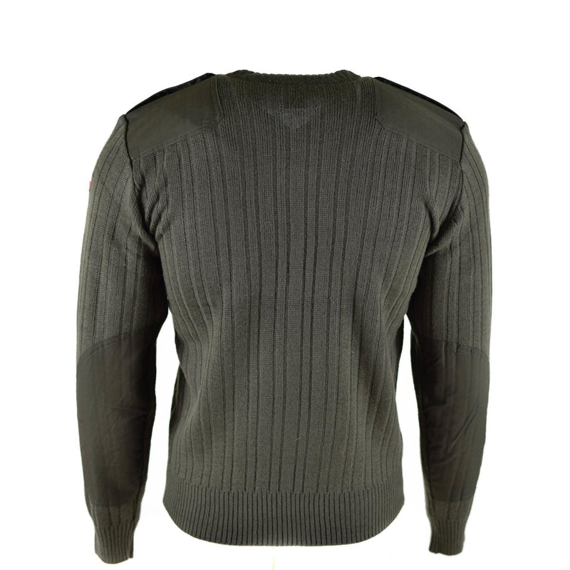Back view of olive drab Czech military wool sweater jumper with reinforced elbows and shoulders.