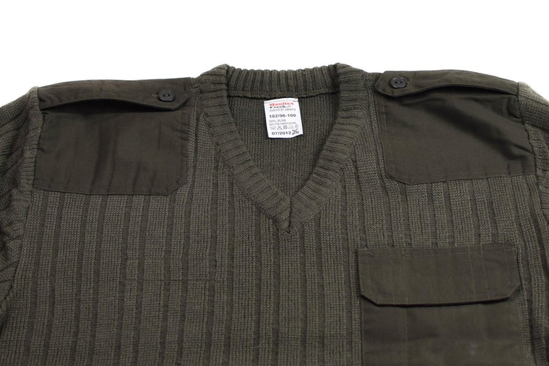 Olive drab Czech army wool sweater jumper with V-neck, buttoned shoulder patches, and chest pocket military surplus new