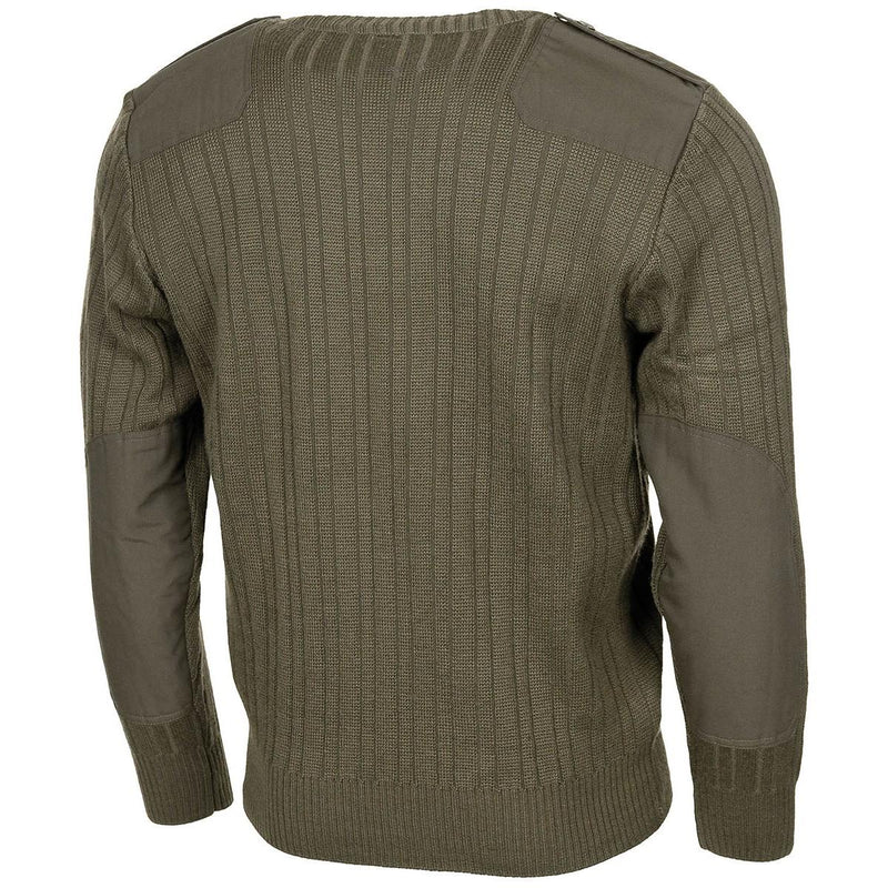 Back view of olive drab Czech army wool sweater jumper with reinforced elbows and shoulders for durability