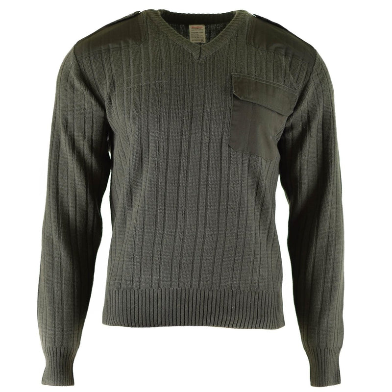 Original Czech army olive drab wool V-neck sweater jumper with reinforced shoulders and chest pocket, military surplus style.