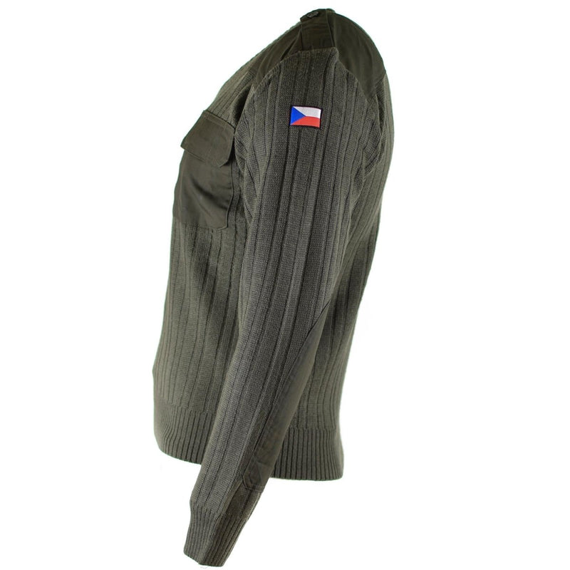 Original olive drab Czech army wool sweater with V-neck, reinforced shoulders, and embroidered Czech flag on sleeve