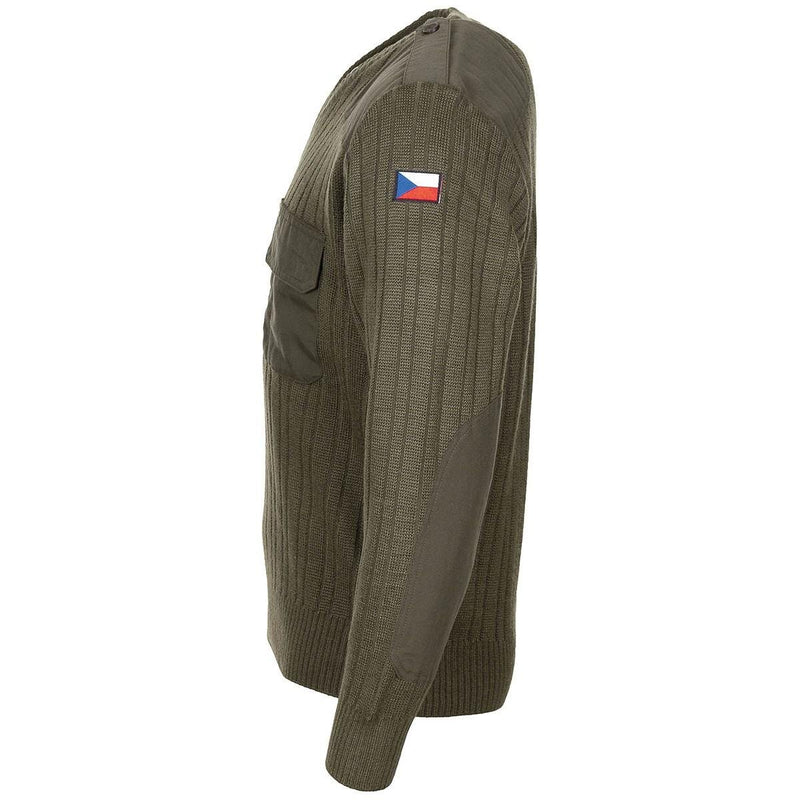 Olive drab Czech army wool sweater with reinforced elbows and shoulders, featuring Czech Republic flag patch on sleeve.