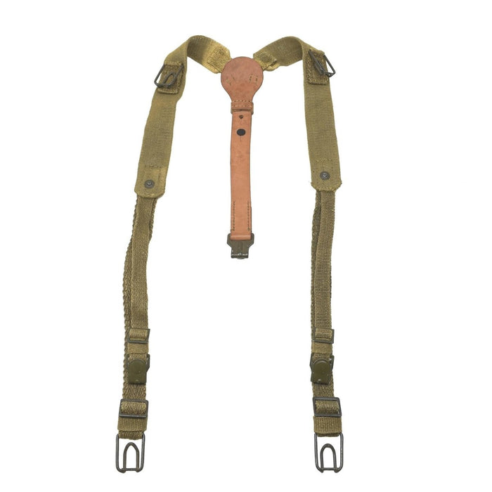 Bretelles Y-Strap originales de l'armée tchèque en toile olive durable avec renforts en cuir pour un usage militaire.