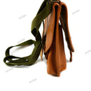 Original Czech flare gun case bag in brown with green shoulder strap and buckle closure, vintage military style pouch.