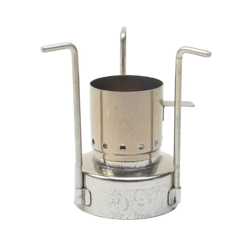 Vintage Czech military compact liquid fuel stove burner with metal pot supports and chimney component