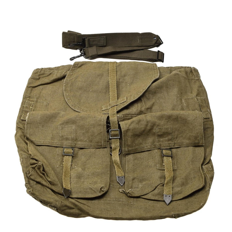 Vintage Czech military M60 rucksack with dual front pockets and detachable shoulder strap in olive green canvas.