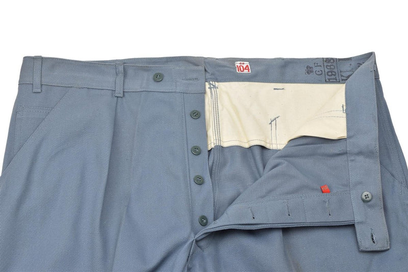 Original Danish military blue pants with button fly, durable cotton fabric, and functional design for casual and work wear.