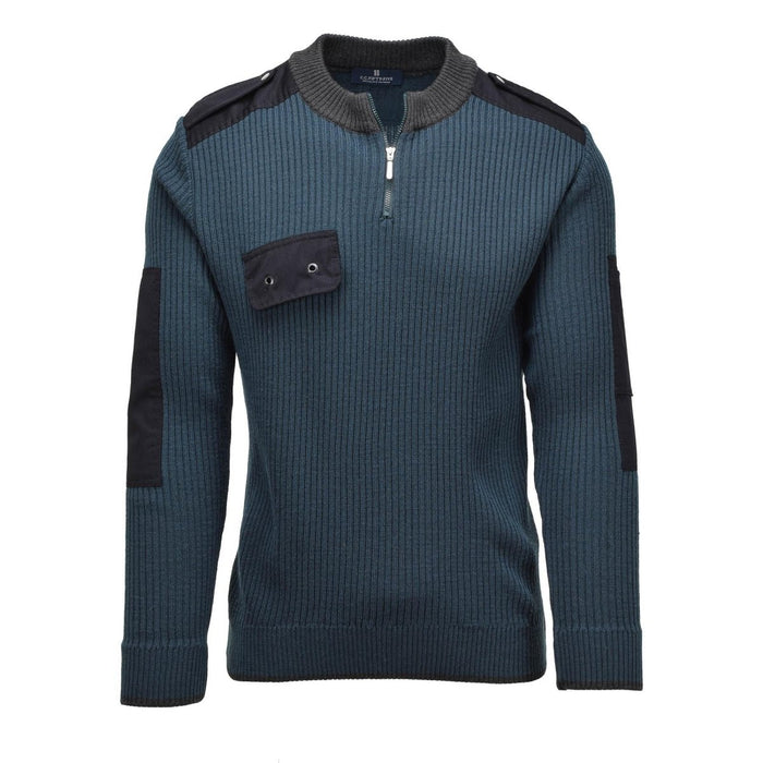 Pull en tricot côtelé original de l'armée néerlandaise, quart de zip, coudes renforcés, vert pétrole - GoMilitar