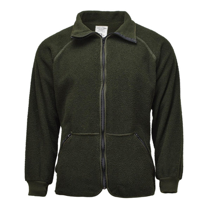 Veste polaire militaire hollandaise vert olive avec fermeture éclair complète, col montant, poignets élastiques et tissu thermique doux et chaud.