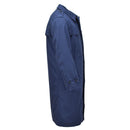 Side view of original Dutch military men's blue raincoat with quilted liner and buttoned cuffs