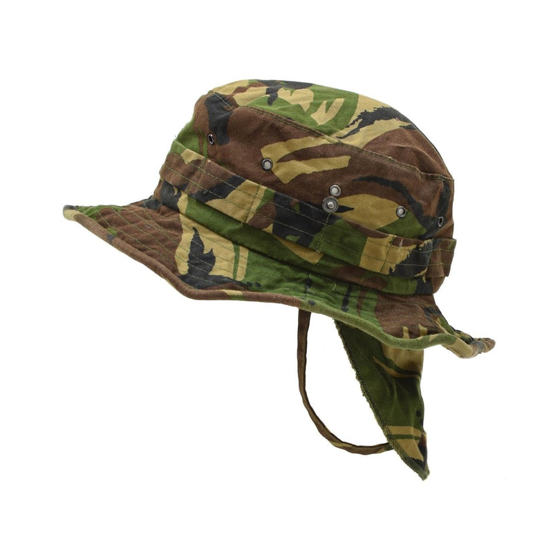 Dutch military DPM boonie hat with wide brim, detachable neck flap, and camouflage for outdoor and tactical use