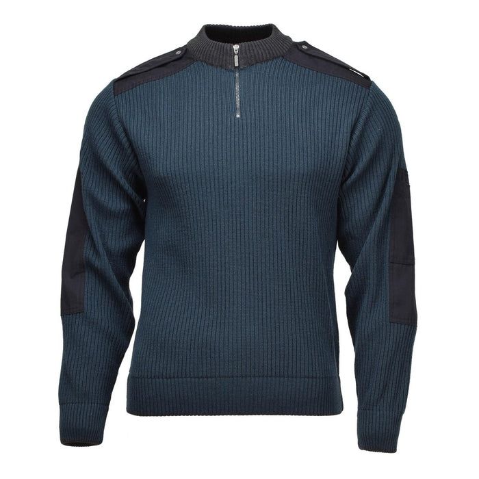 Pull troyer en tricot côtelé bleu d'origine militaire néerlandaise en laine mélangée avec quart de zip et coudes renforcés.