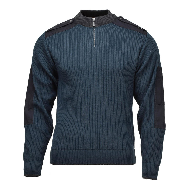 Blue original Dutch military wool-blend rib knit troyer pullover with quarter zip and reinforced elbows.