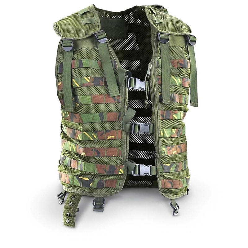 Original Dutch military tactical vest with MOLLE system in woodland camouflage for versatile gear attachment