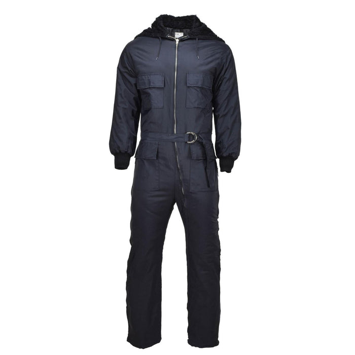 Combinaison d'hiver militaire hollandaise originale noire avec capuche en fausse fourrure, plusieurs poches, poignets réglables et boucle de ceinture.