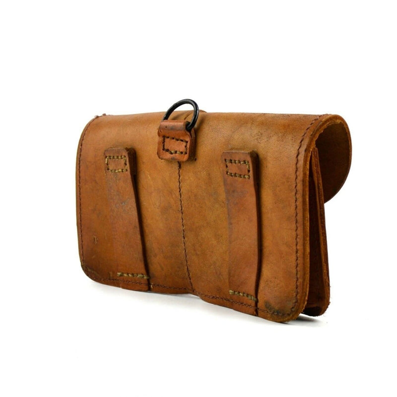 Vintage French army brown leather double magazine pouch with durable stitching and belt attachment loops