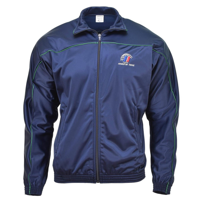 Veste de sport originale de survêtement bleu armée française avec fermeture éclair complète, poignets élastiques et tissu léger respirant.