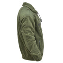 Side view of olive green original French military fleece jacket with reinforced high neck and zippered pocket