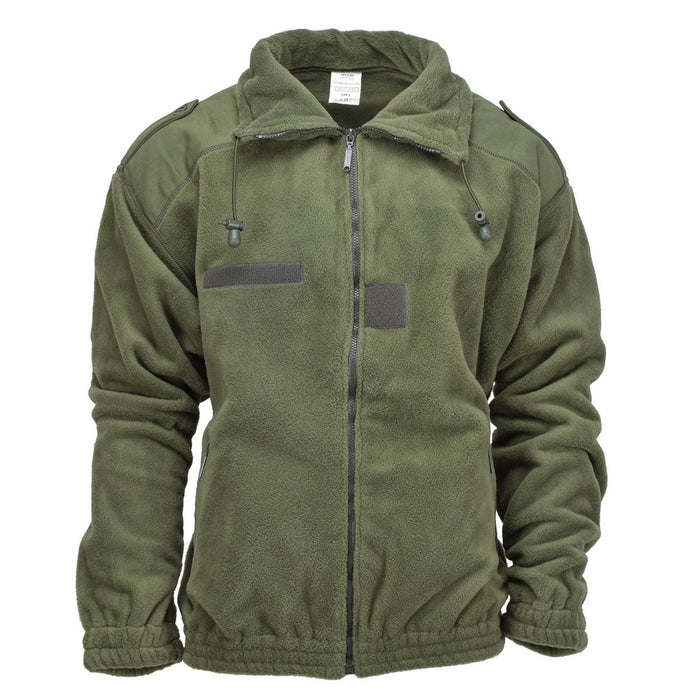 Veste polaire vert olive originale de l'armée française avec col haut, coudes renforcés et col réglable pour la chaleur extérieure.